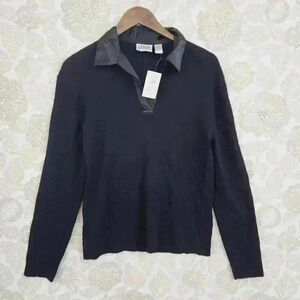 NWT Chicos Design Black Sweater Size 2/ L Silk Collar Viscose/Nylon Blend